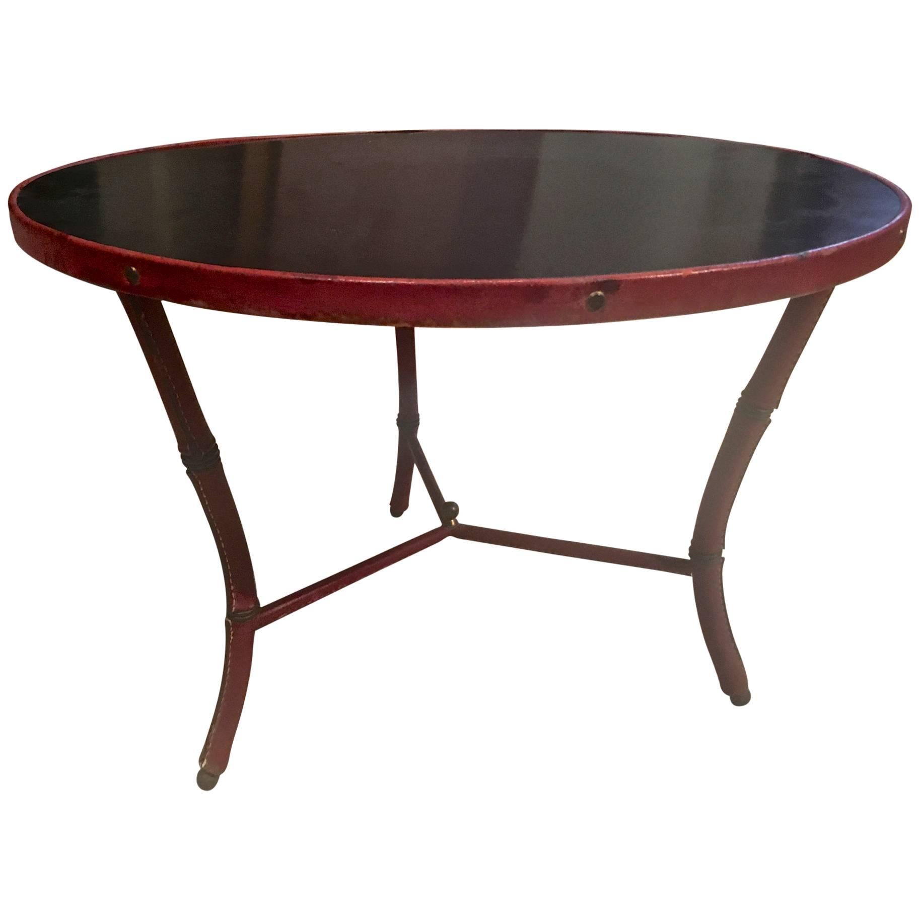 Jacques Adnet Tri-Legged Round Coffee Table in Hand-Stitched Leather For Sale