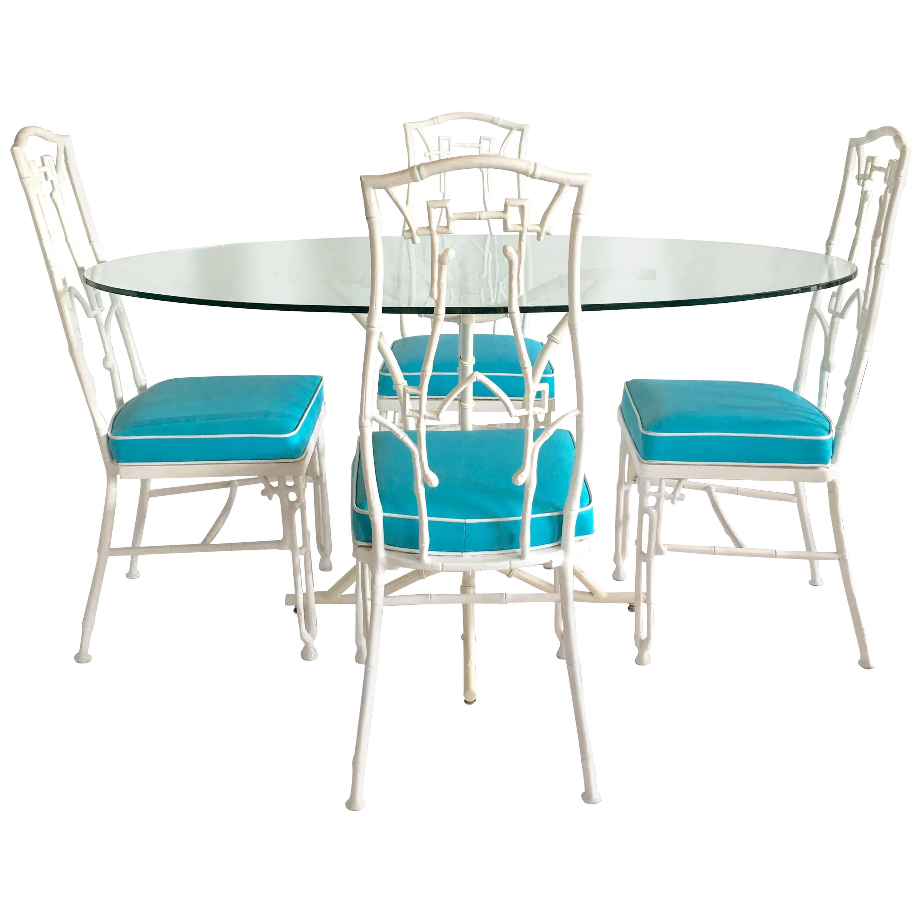 1960s Faux Bamboo Six-Piece Cast Iron Glass Top Table and Chairs