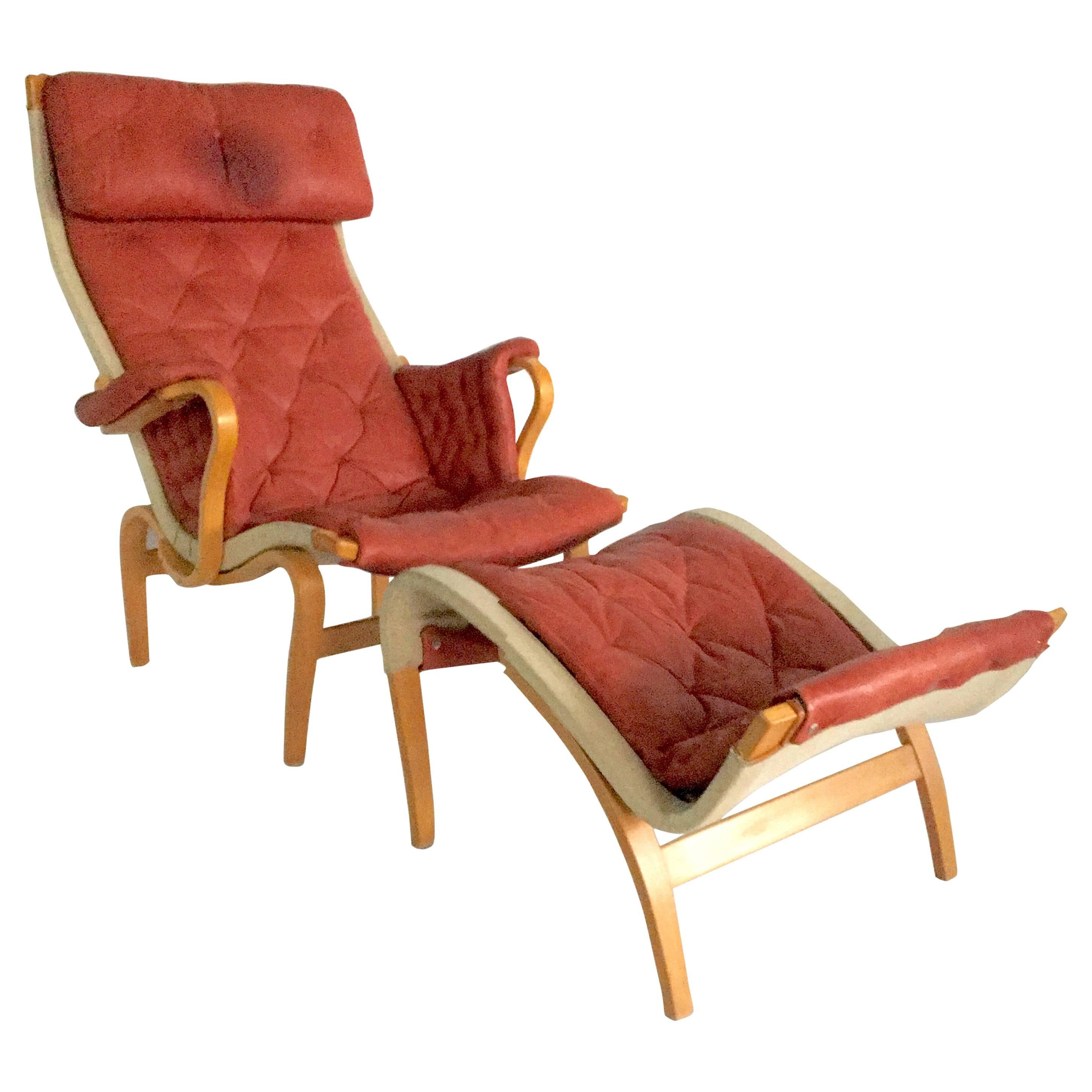 70'S Scandinavian Modern Leather, Bentwood Lounge Chair & Ottoman By Mathsson For Sale