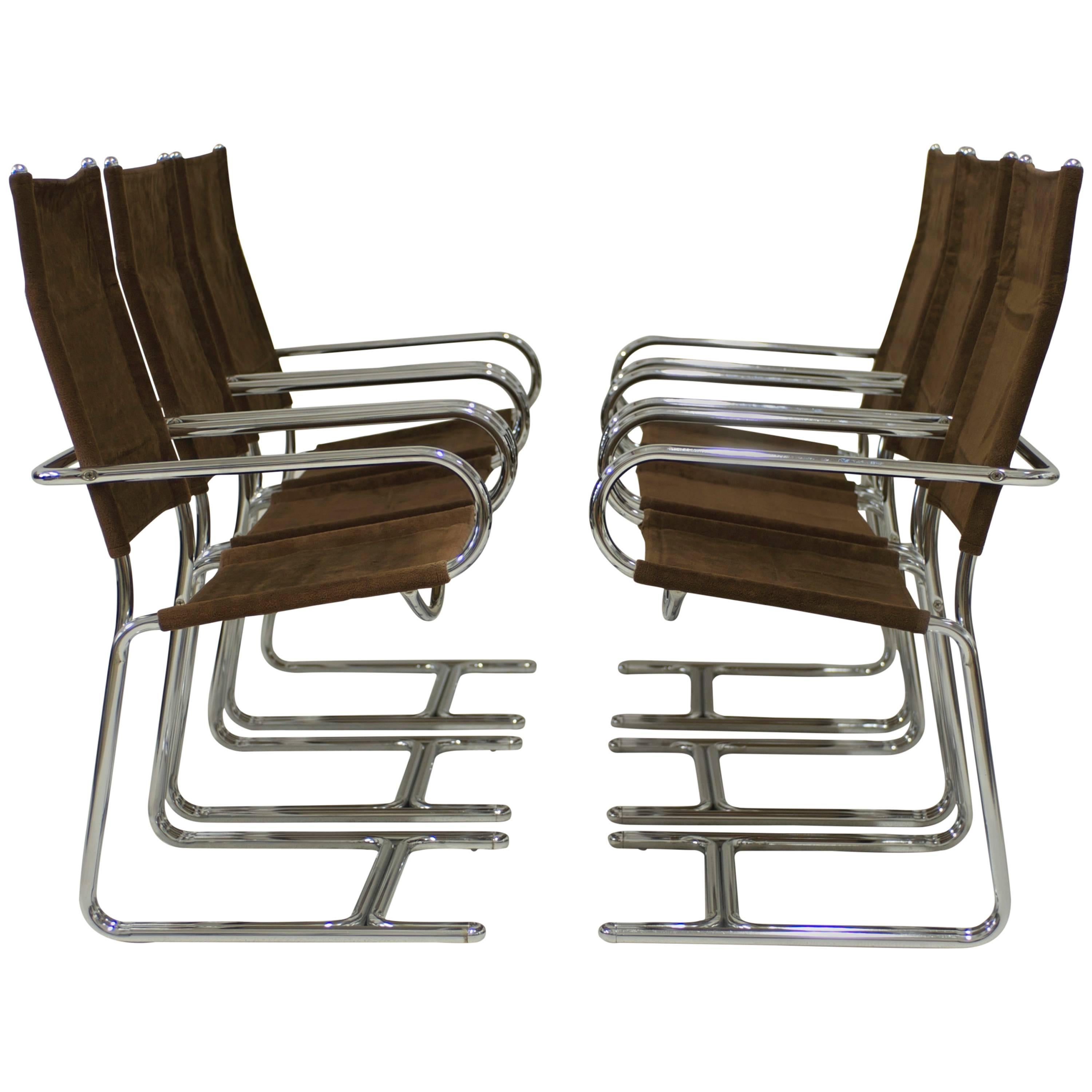 Set of Six Italian Chrome Dining Chairs in the Style of Gastone Rinaldi For Sale