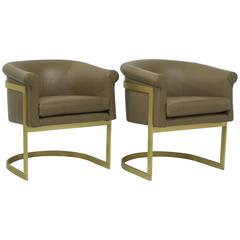 Matt Brass and Leather Petite Barrel Back Milo Baughman Attributed Chairs 7