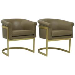 Matt Brass and Leather Petite Barrel Back Milo Baughman Attributed Chairs