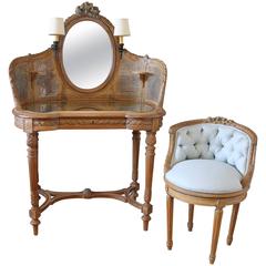 19th Century Antique French Walnut Cane Vanity & Linen Swivel Chair 