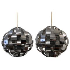 Pair of Max Sauze for Lightolier Chrome Ribbon Chandeliers