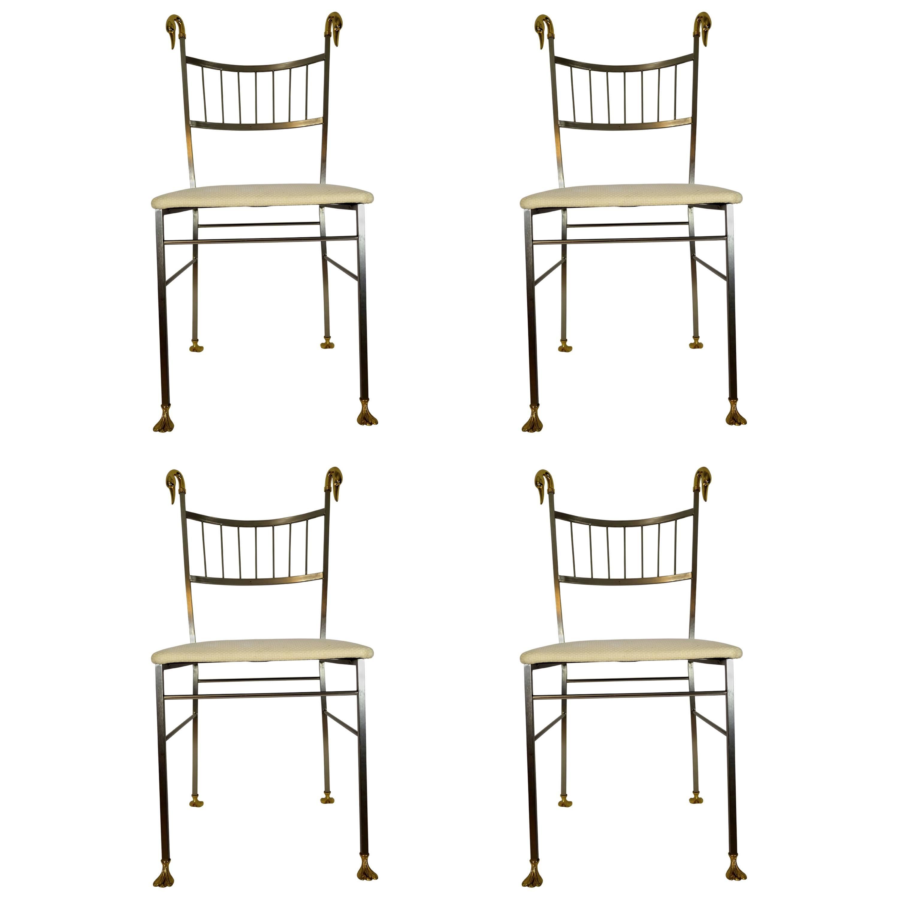 Brass Swan Dining Chairs in the Style of Labarge