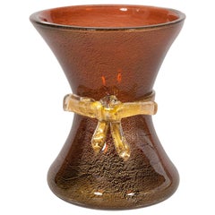 Vase with Bow Amber color  and gold finishes in blown Murano glass  1970s Italy