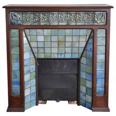 Antique Art Nouveau Fireplace Attributed to Gentil & Bourdet Manufacture Oak and Ceramic