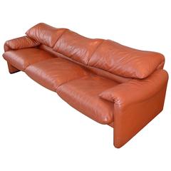 Three-Seat Leather Sofa Maralunga Design by Vico Magistretti for Cassina
