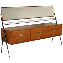 Teak Veneer Metal Brass Chest of Drawers with Mirror by Silvio Cavatorta