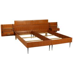 Teak Veneer Metal Glass Brass Double Bed by Silvio Cavatorta, Italy, 1950s