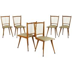 Group of Six Chairs Beechwood Foam Padding Leatherette Upholstery, Italy 1950s