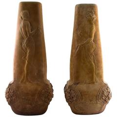 Pair of Very Large French Art Nouveau Floor Vases, Terracotta / Pottery
