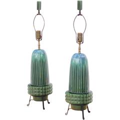 Pair of Art Pottery Fluted Bullet Shape Table Lamps