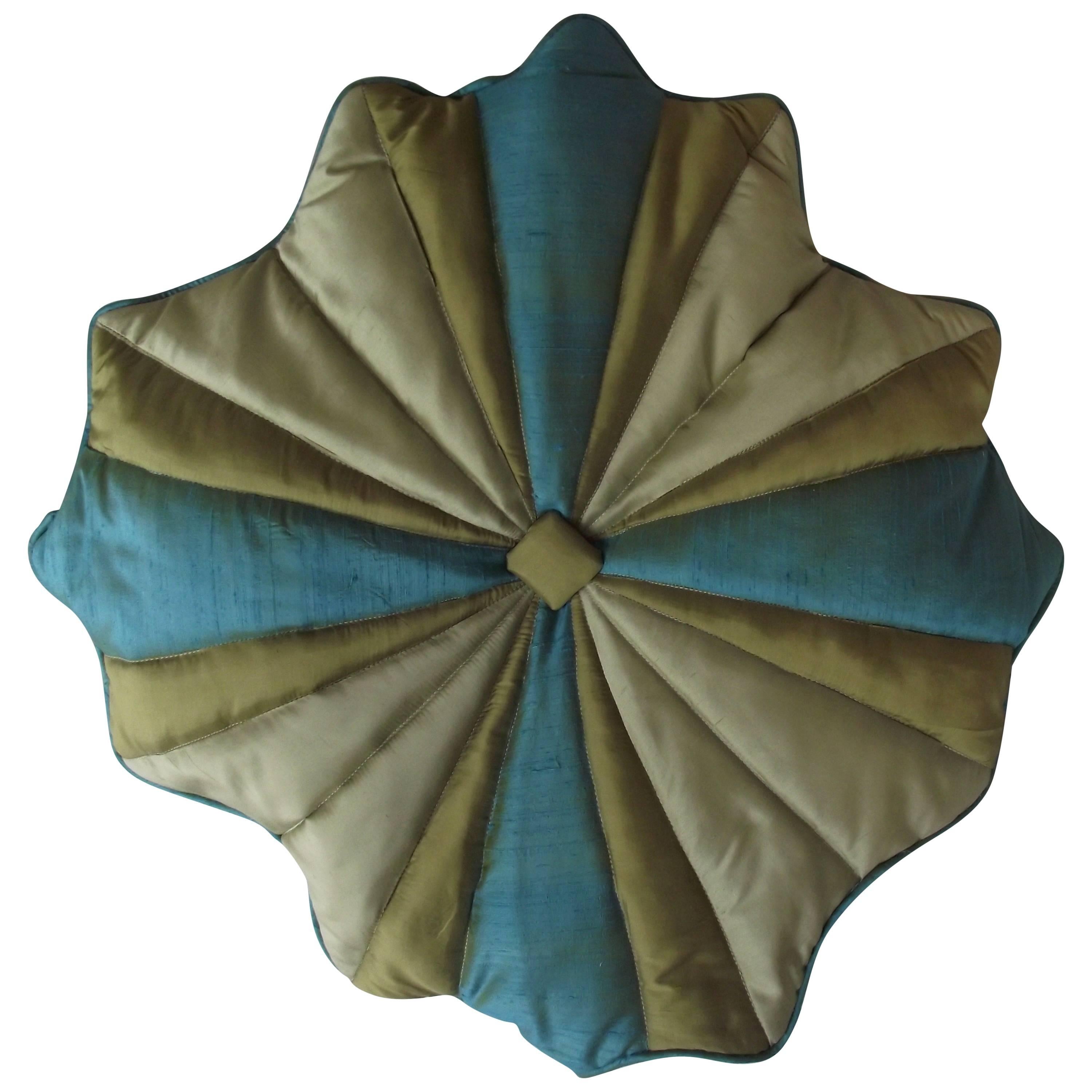 Throw Pillow/Unusual Turquoise 'Blue' and Gold Silk, Quilted Flower Design For Sale