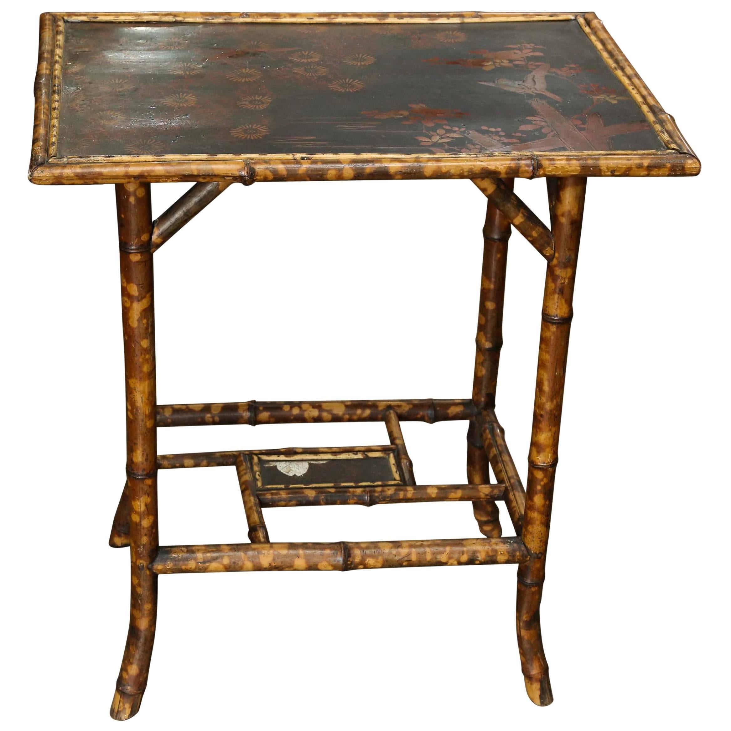19th Century Scorched Bamboo Side Table with Chinoiserie Detail on Top