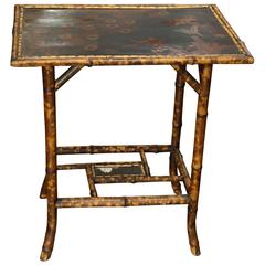 19th Century Scorched Bamboo Side Table with Chinoiserie Detail on Top