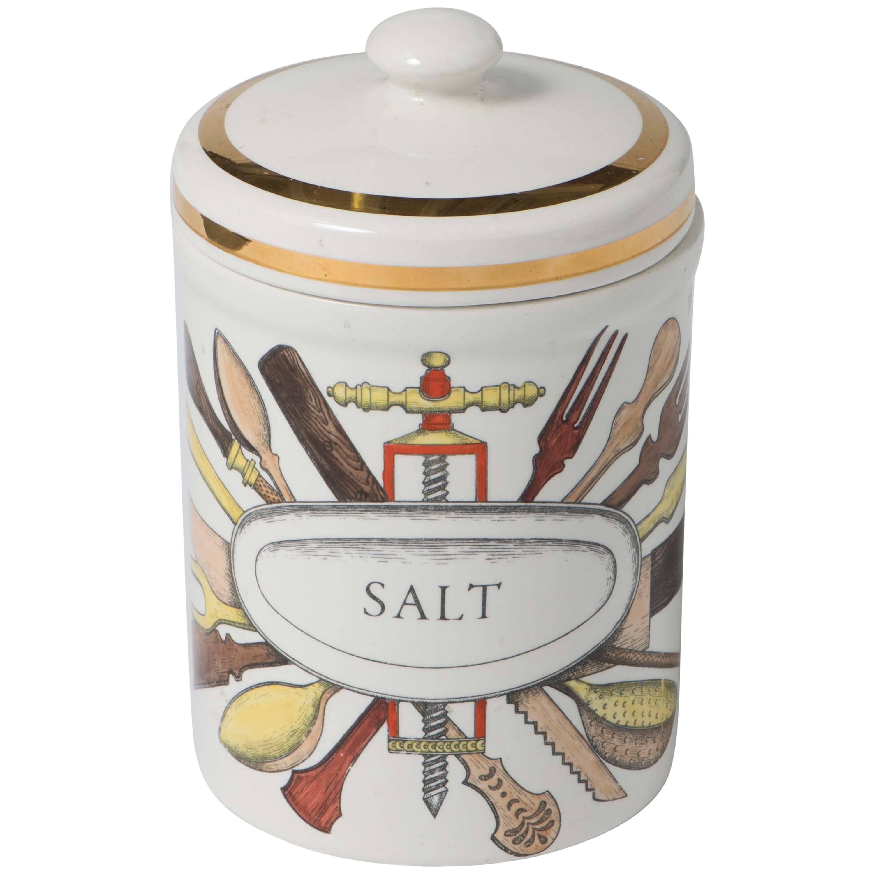  Piero Fornasetti porcelain salt jar with cover, Italy circa 1960 For Sale