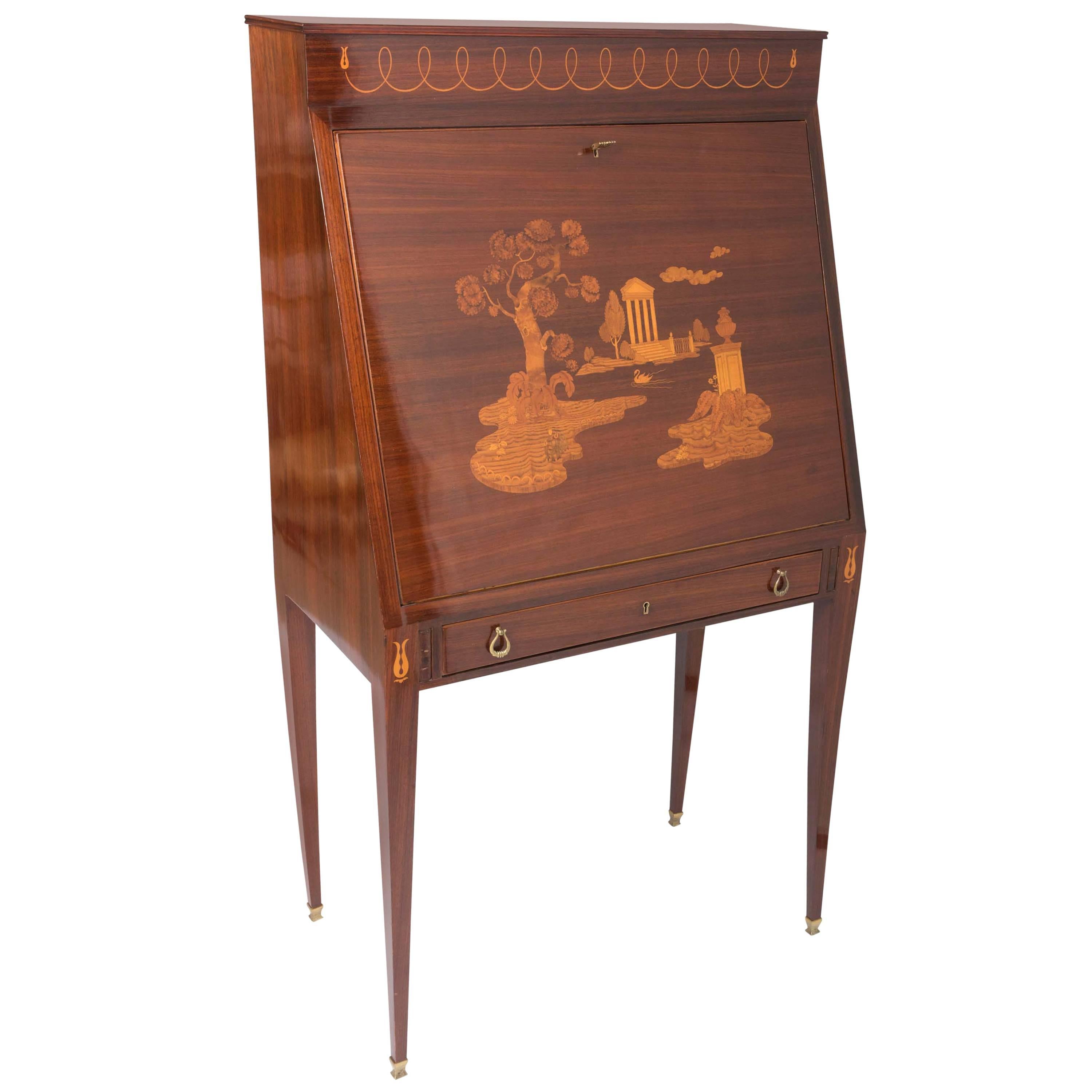 Paolo Buffa mahogany bureau with inlay, Italy circa 1940 For Sale