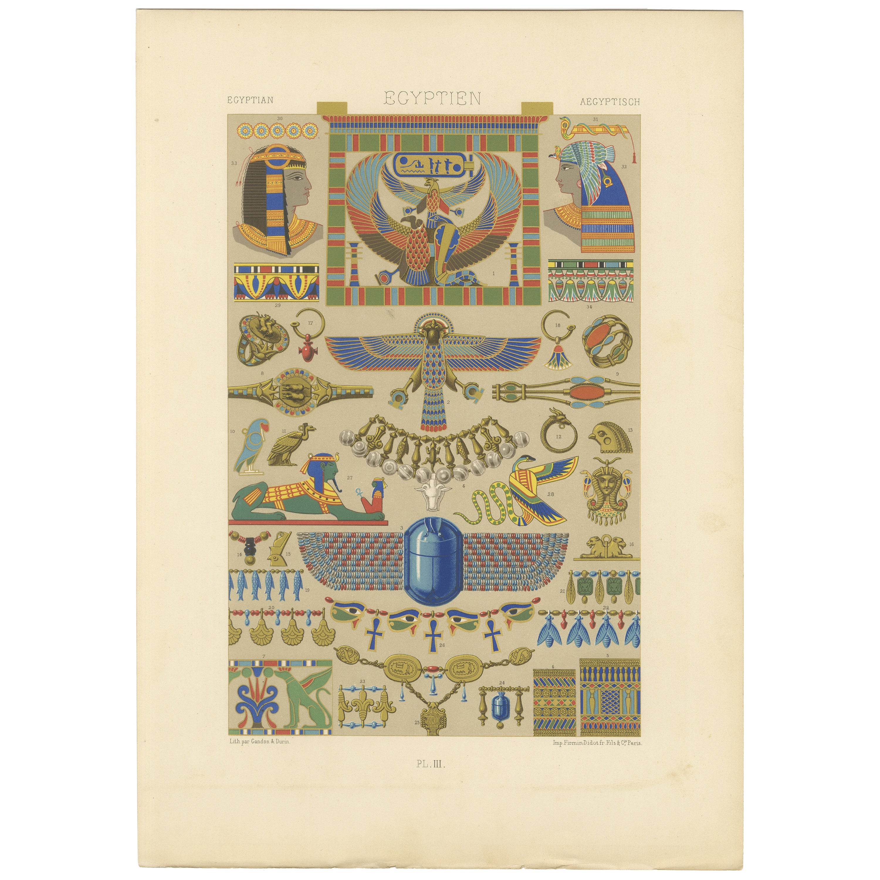 Stampa di ornamenti dell'Antico Egitto - Litografia a colori di simboli e gioielli, 1869 ca.