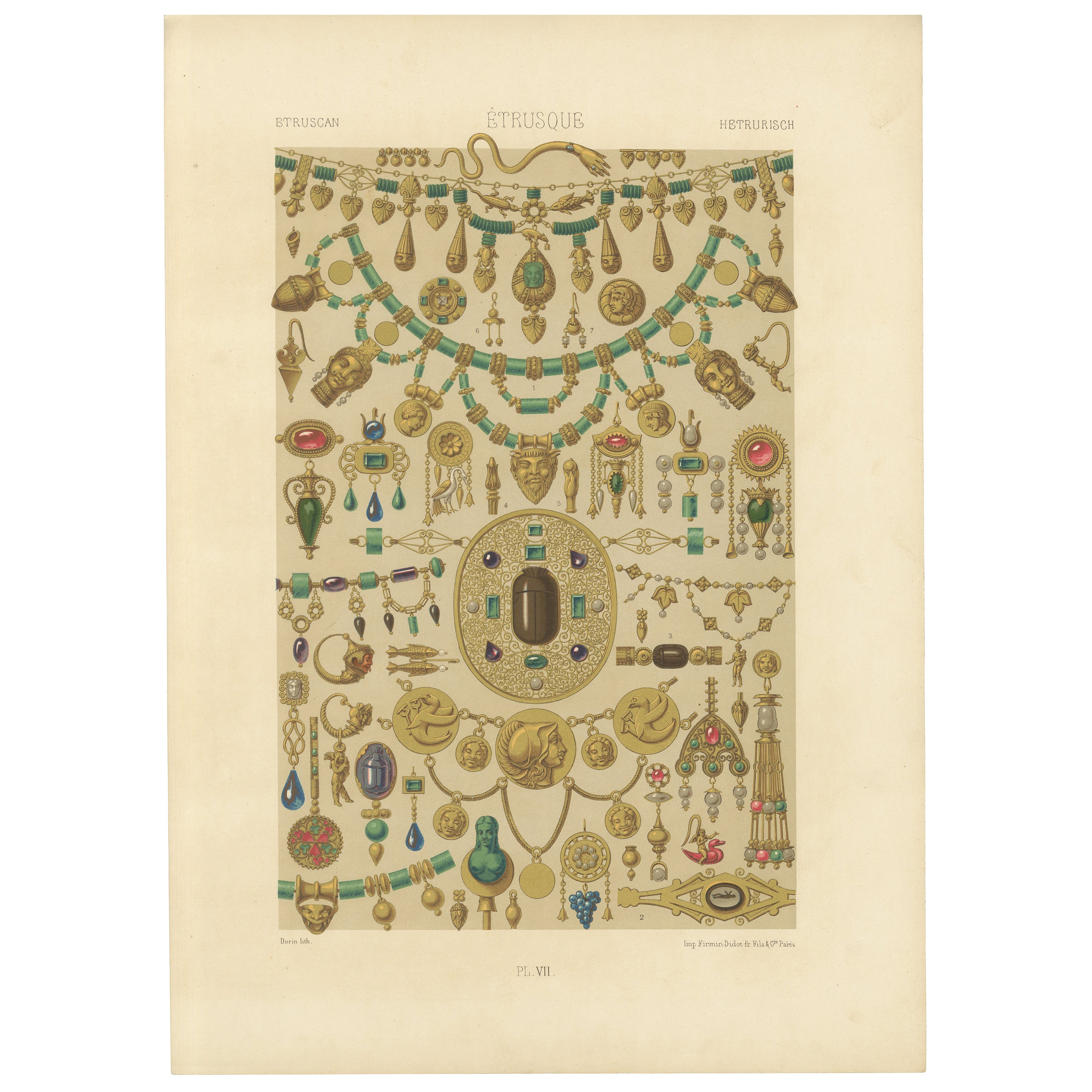 Stampa di gioielli etruschi - Litografia antica di disegni di ornamenti in oro e gemme, 1869 in vendita