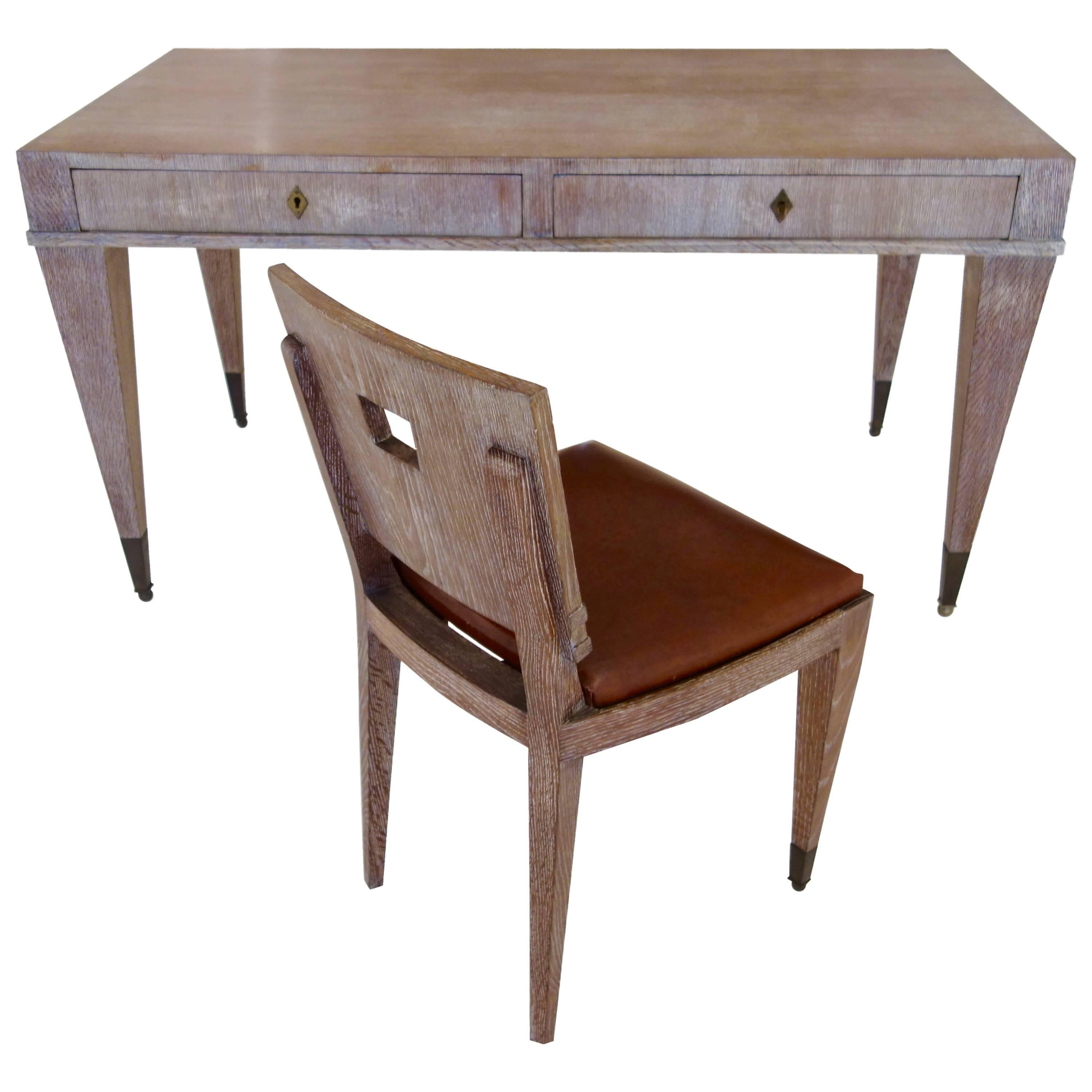 French Mid-Century Cerused Oak Writing Desk and Chair