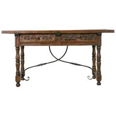 Spanish Renaissance Style Console of Hand-Carved Ash with Iron Stretcher Antique Spanish Renaissance Style Console of Hand-Carved Ash with Iron Stretcher