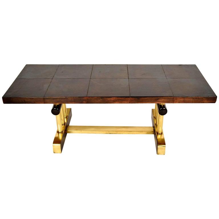 Quickship Luna Coffee Table For Contract And Hospitality Use French Leather And Brass Coffee Table