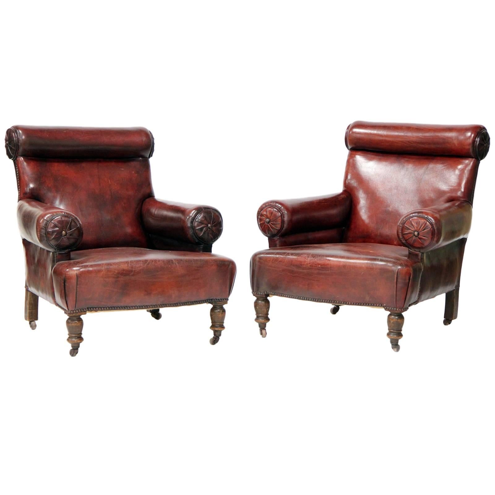 Pair of  Large early 20th century English Leather Club or library Chairs For Sale