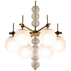 Large Chandelier in Frosted Glass and Brass 