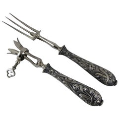 Beaux Arts French Silver Manche a Gigot D'agneau Carving Fork and Bone Clamp S/2