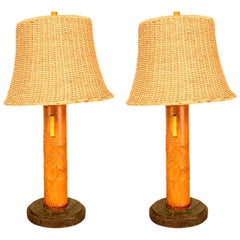 Vintage Hollywood Regency Pair of Bamboo Table Lamps
