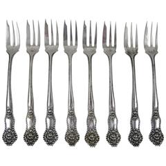 19th Century Sterling Silver Floral Seafood / Oyster Forks, Service for Eight