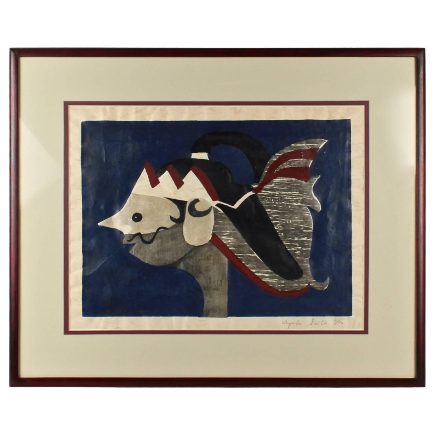 Holzholzschnitt einer Javanischen Puppe auf blauem Grund von Kiyoshi Saito, 1950er Jahre im Angebot