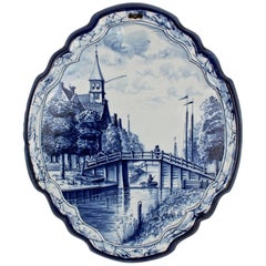 Antique Blue and White Dutch Delft Pottery Wall Plaque with Canal Scene