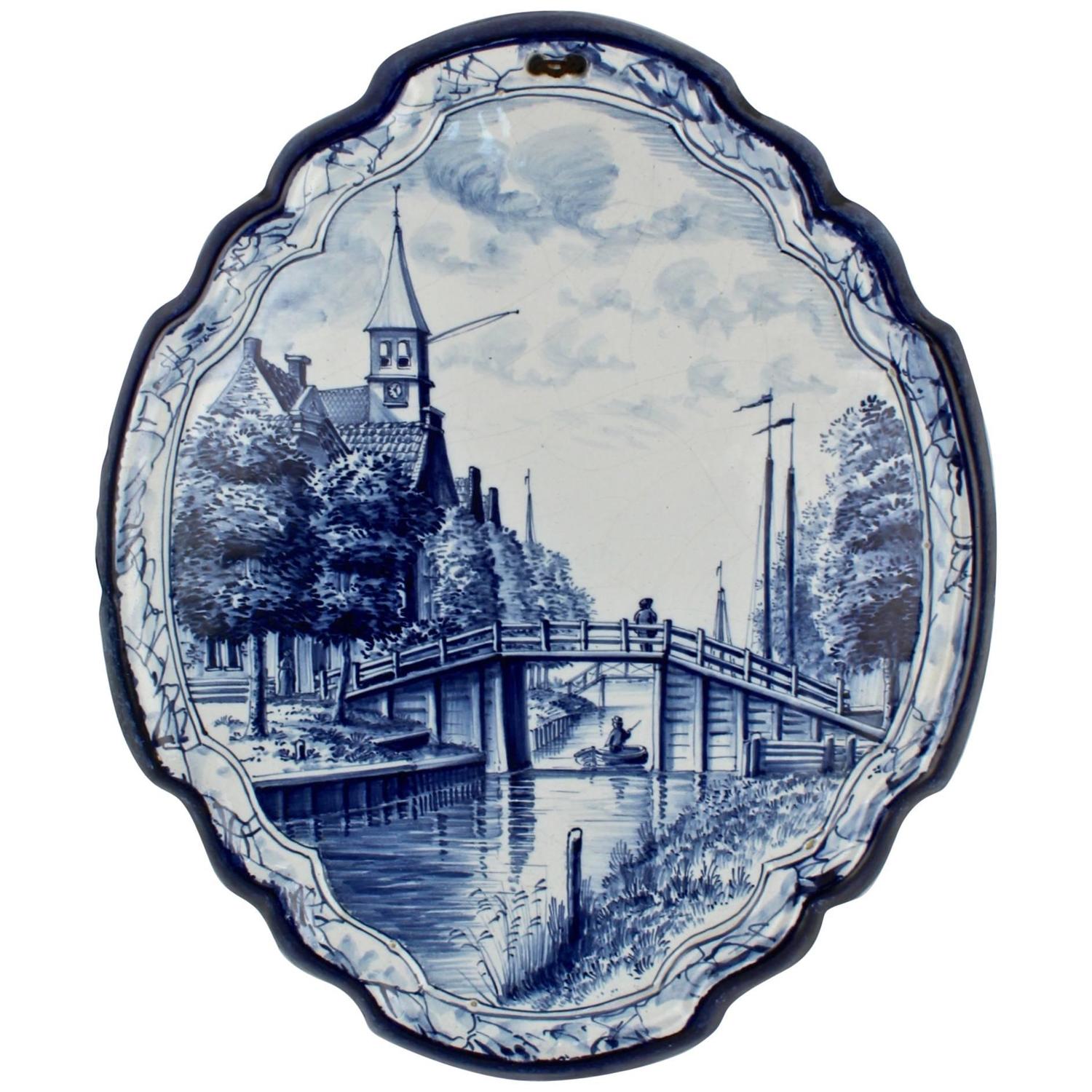 Antique Blue and White Dutch Delft Pottery Wall Plaque with Canal Scene
