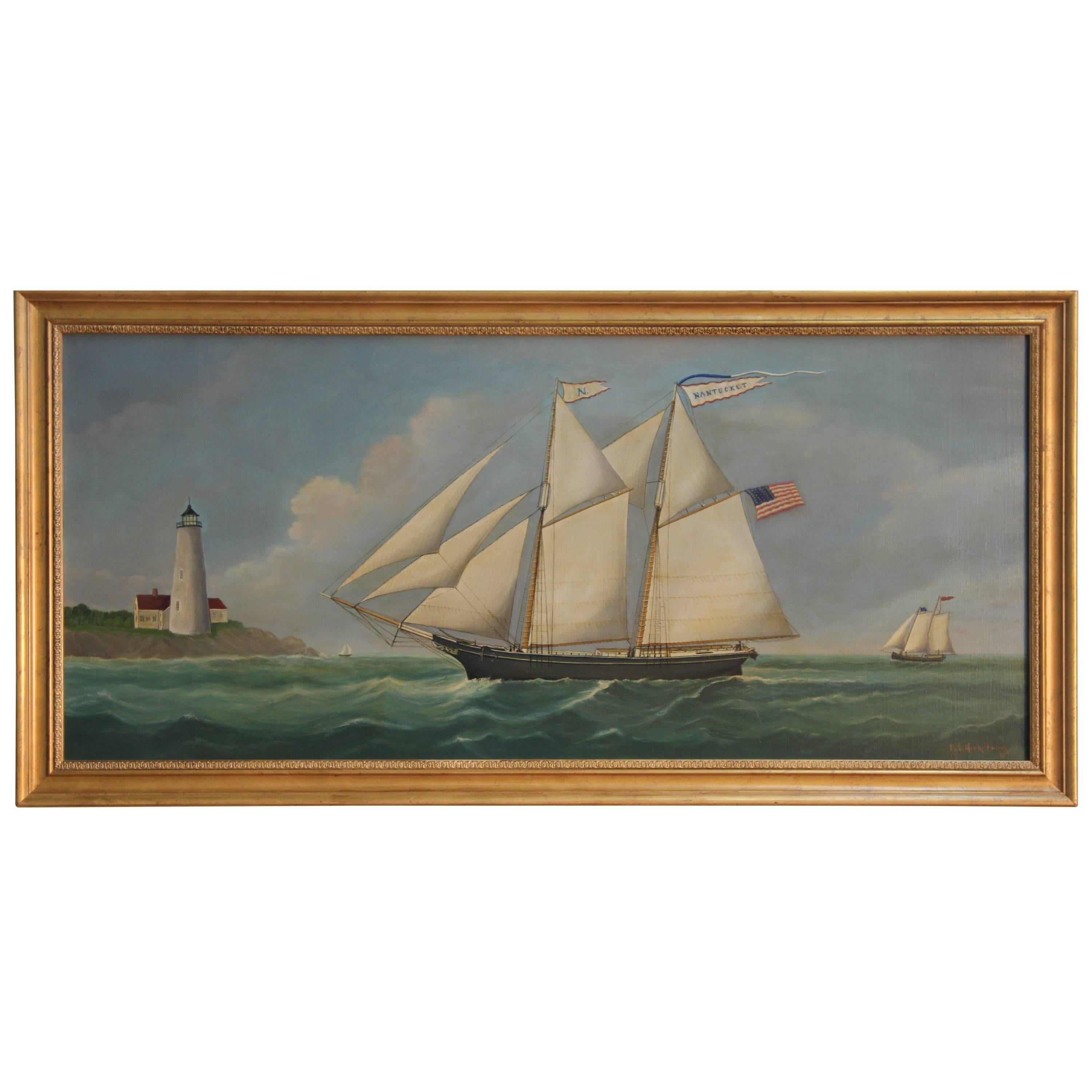 Reginald Nickerson (American, 1915-1999) Schooner NANTUCKET Marine Oil Painting For Sale