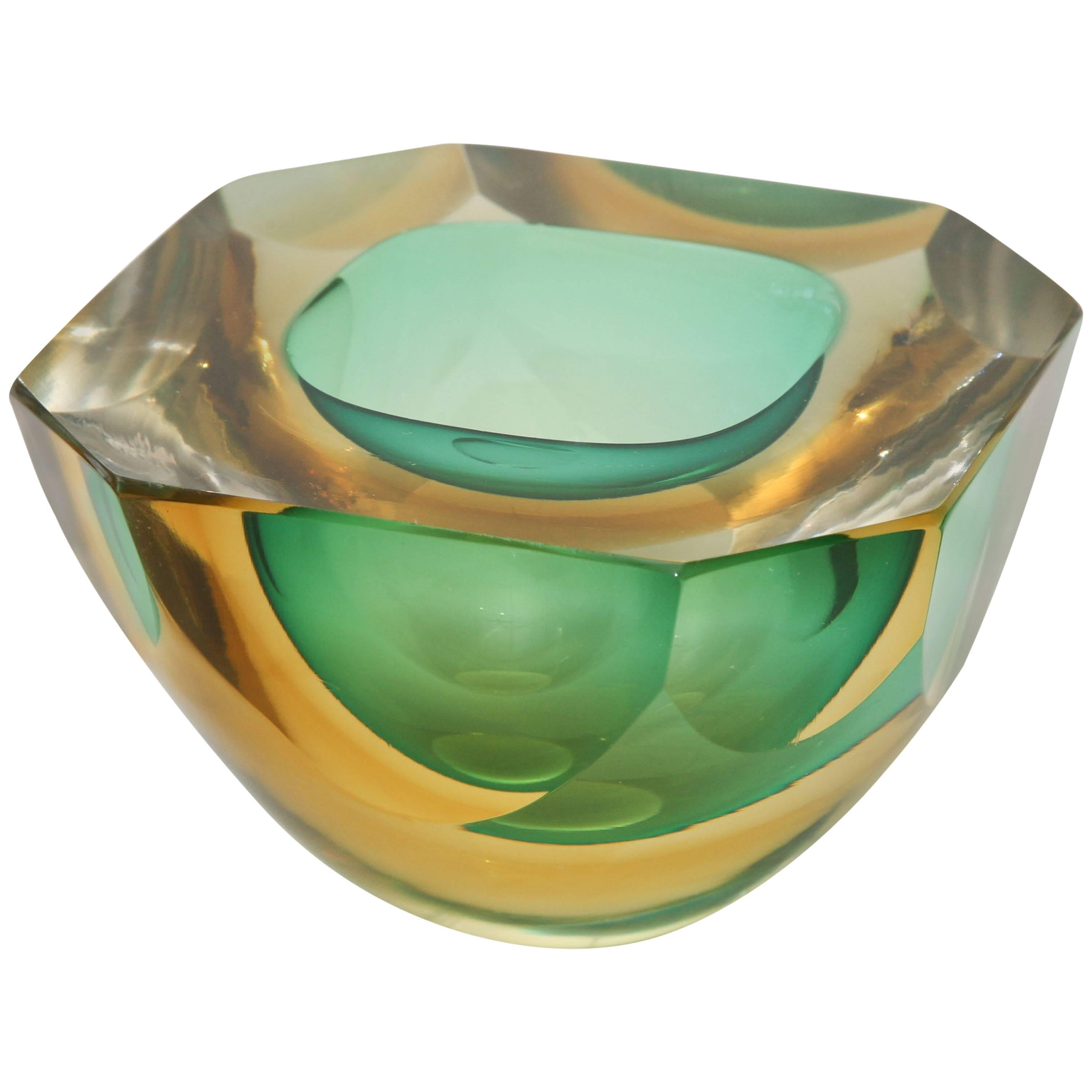 Italian Murano Sommerso Flat Cut Polished Sculptural Geode Bowl