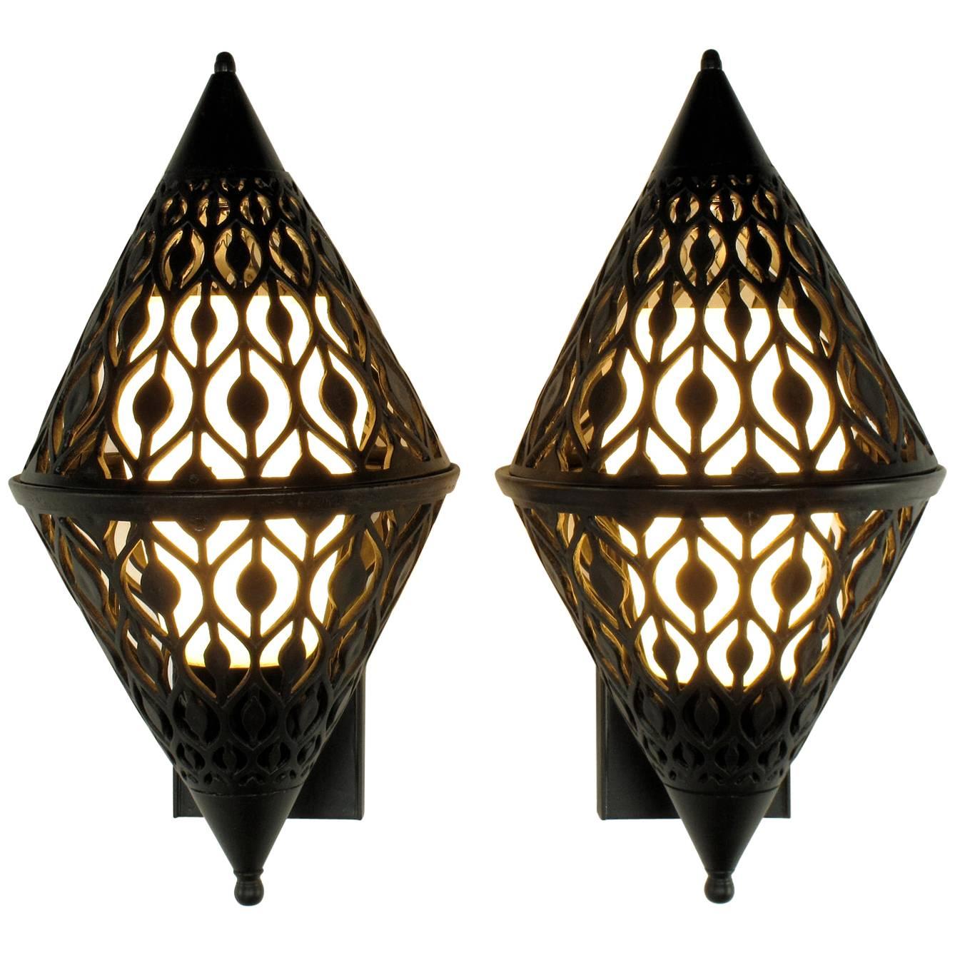 Pair of Black Enamel Pierced Diamond Sconces with Internal Milk Glass Shades