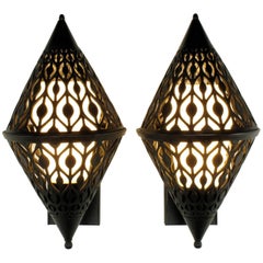 Retro Pair of Black Enamel Pierced Diamond Sconces with Internal Milk Glass Shades