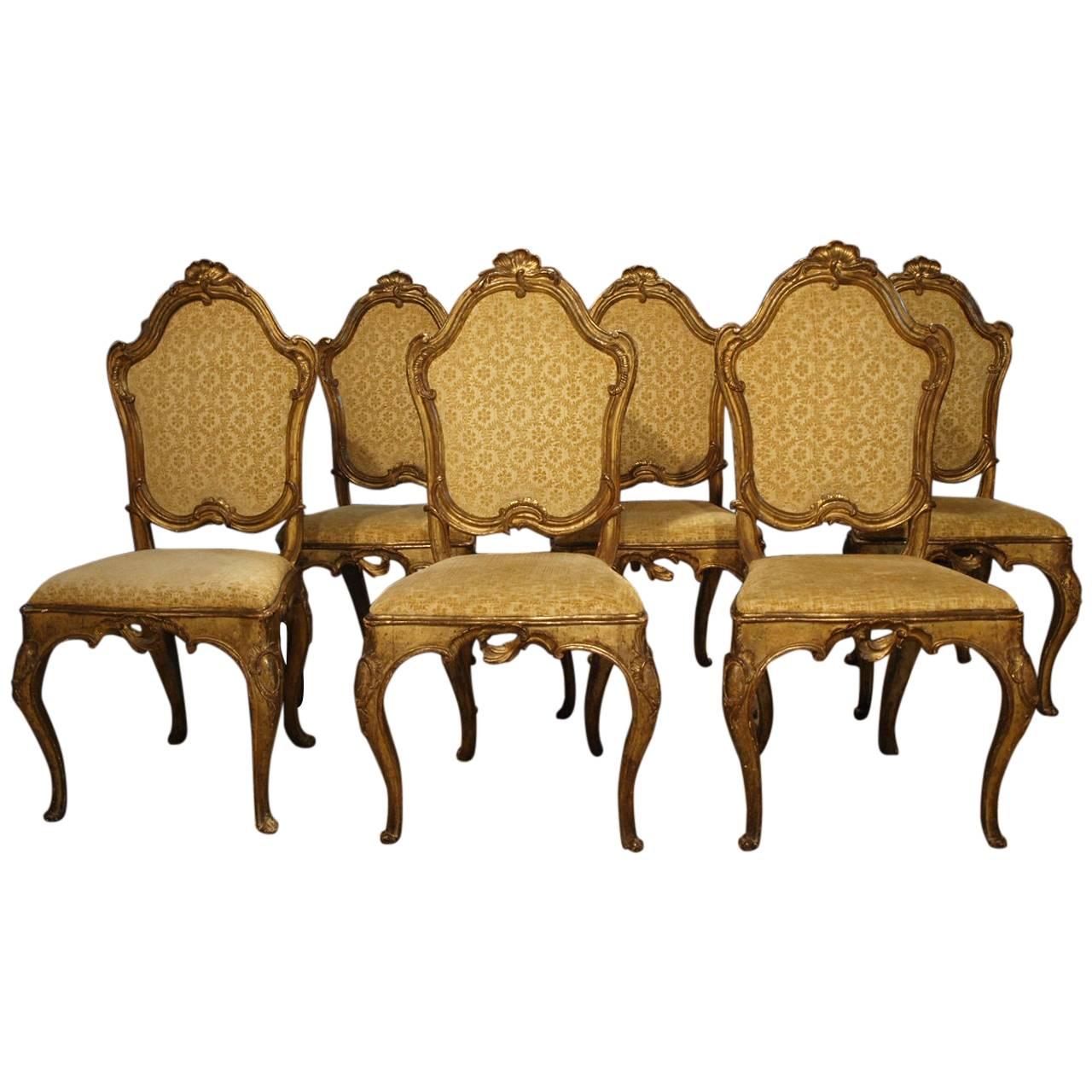 Set of Six 18th Century Italian Dining Chairs in Silvered and Gold Giltwood