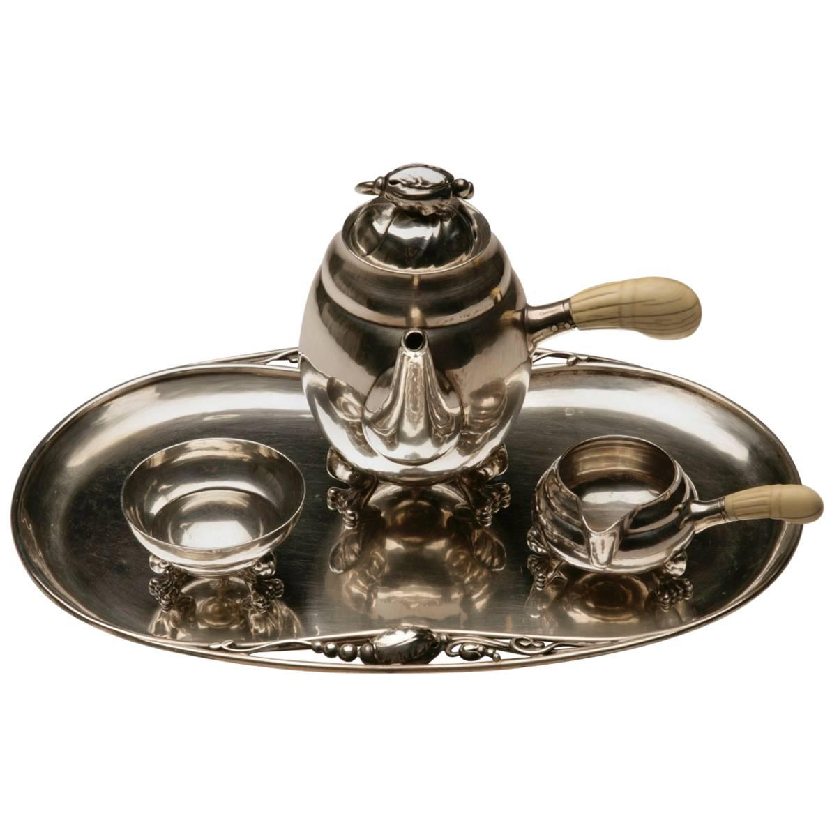 Georg Jensen Sterling Silver Mini Bachelor Blossom Coffee Set on Tray No 2P, 2H For Sale