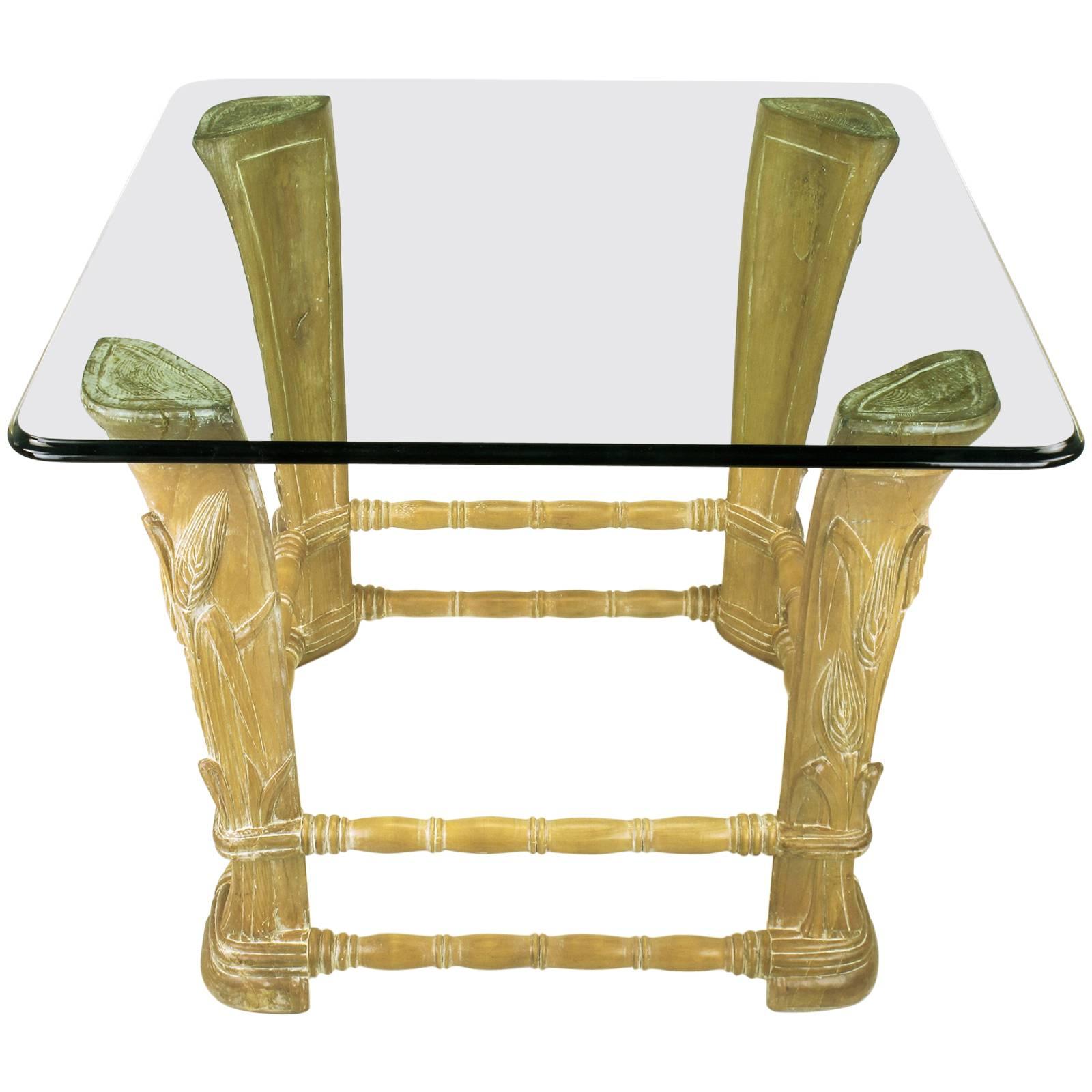 Limed Alder Center Table with Carved Wheat Relief and Glass Top For Sale