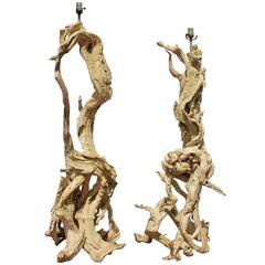 Pair of Mid-Century Vintage Driftwood Sculptural Floor Lamps