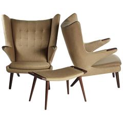 Handsome Pair of Hans Wegner Papa Bear Chairs and Ottoman