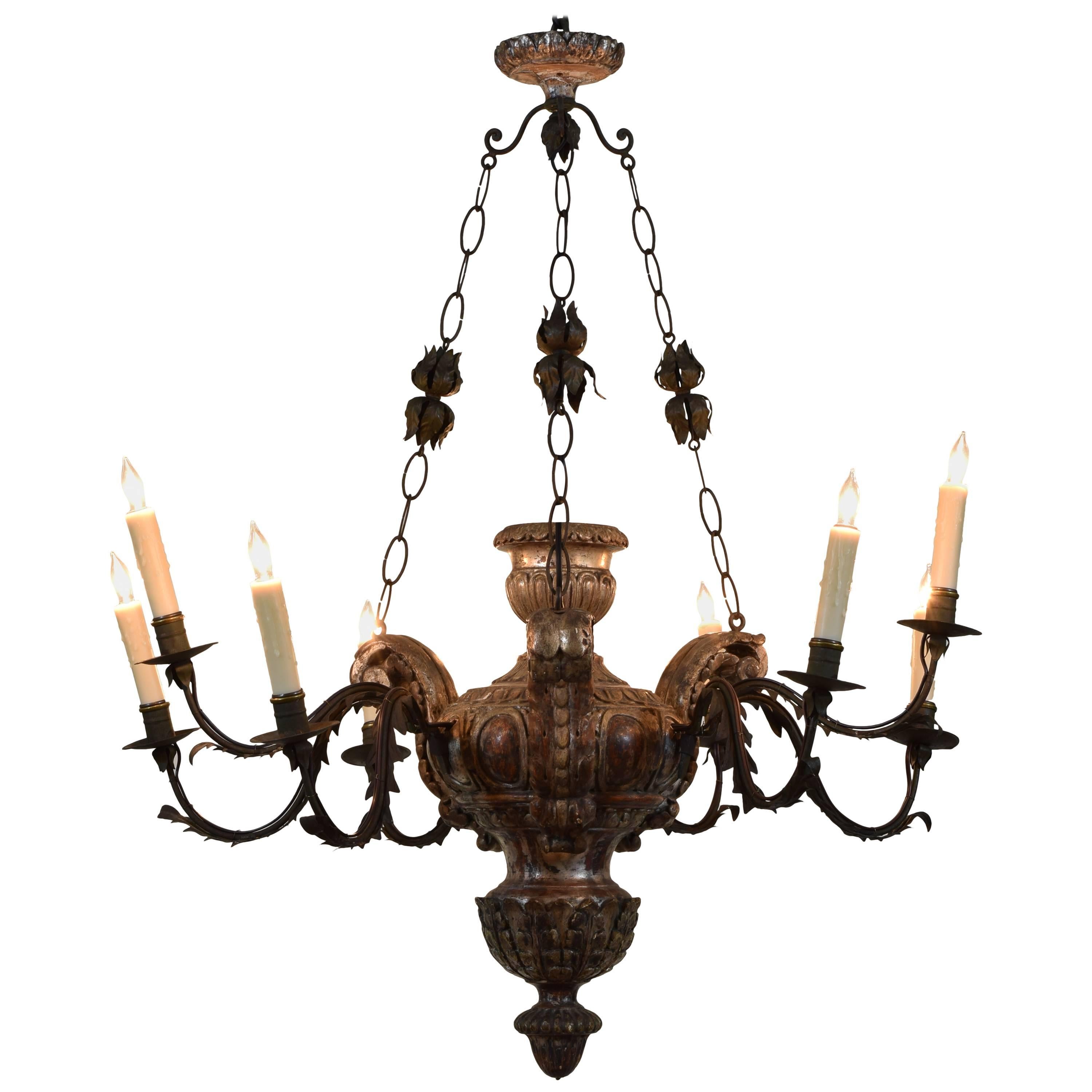 Italian Baroque Carved and Silvered Wooden Nine-Light Chandelier