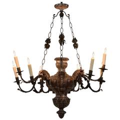 Antique Italian Baroque Carved and Silvered Wooden Nine-Light Chandelier