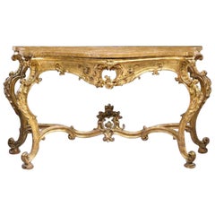 Palatial Italian 18th Century Rococo Style Giltwood Carved Console Table