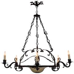 Milanese Masterfully Wrought Iron Seven-Light Chandelier, Early 20th Century