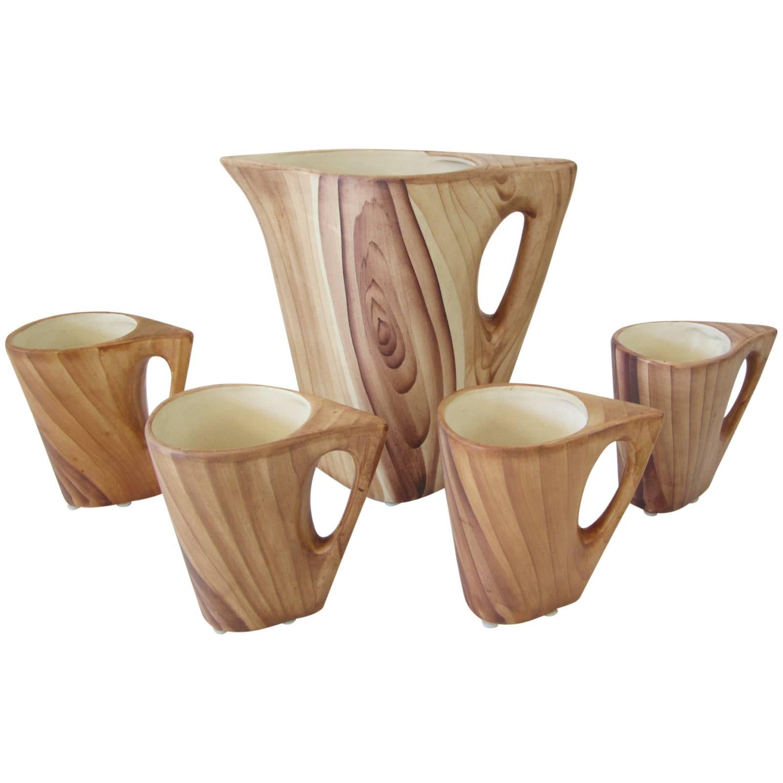 Vallauris Faux Bois Ceramic Lemonade Set with Pitcher and Four Cups