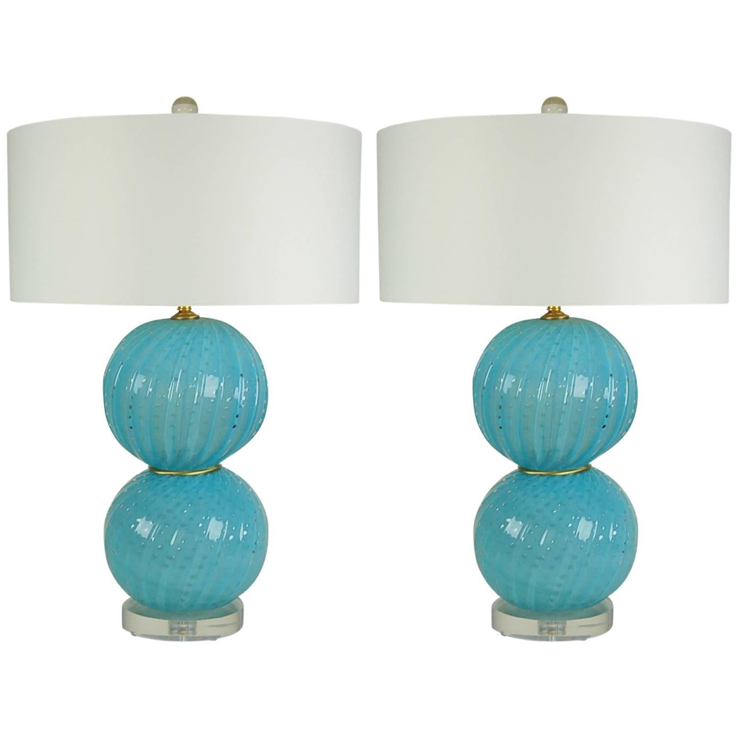 Matched Pair of Vintage Murano Opaline Ball Table Lamps in Blue For Sale